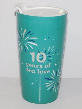 David's Tea Teal White 10 Years of Love Ceramic Travel Tumbler Mug  14oz Coffee